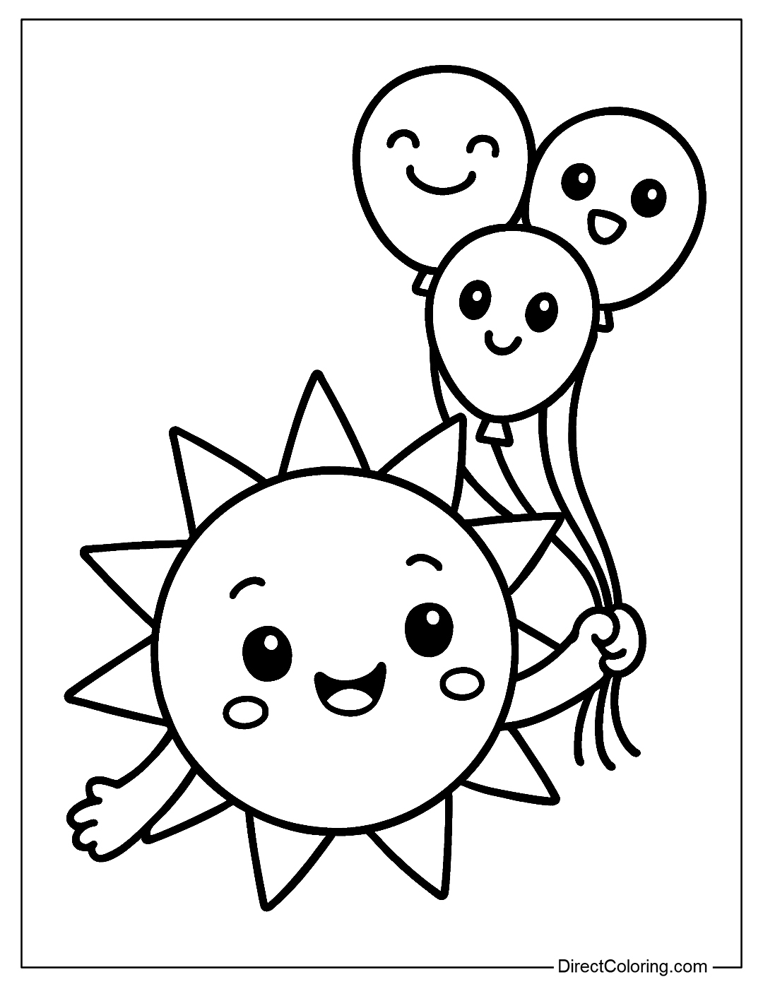 coloring page of the Sun holding many funny balloons, fun style for children